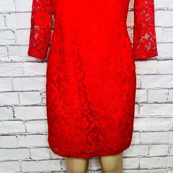 J. Crew Red/Orange 3/4 Sleeve Poppy Coral Floral Lace Sheath Dress Size 6 - Picture 3 of 11